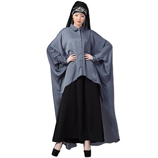 Designer Shirt style Kaftan with inner abaya-Grey-Black